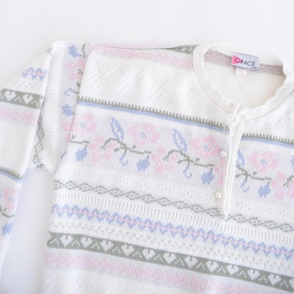 Vintage Grace Cream with Pink  Floral Half Button Down Sweater - Picture 11 of 13
